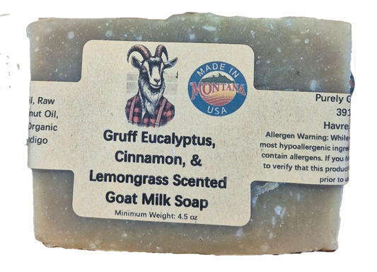 Gruff Eucalyptus, Cinnamon & Lemongrass Goat Milk Soap with Indigo Powder